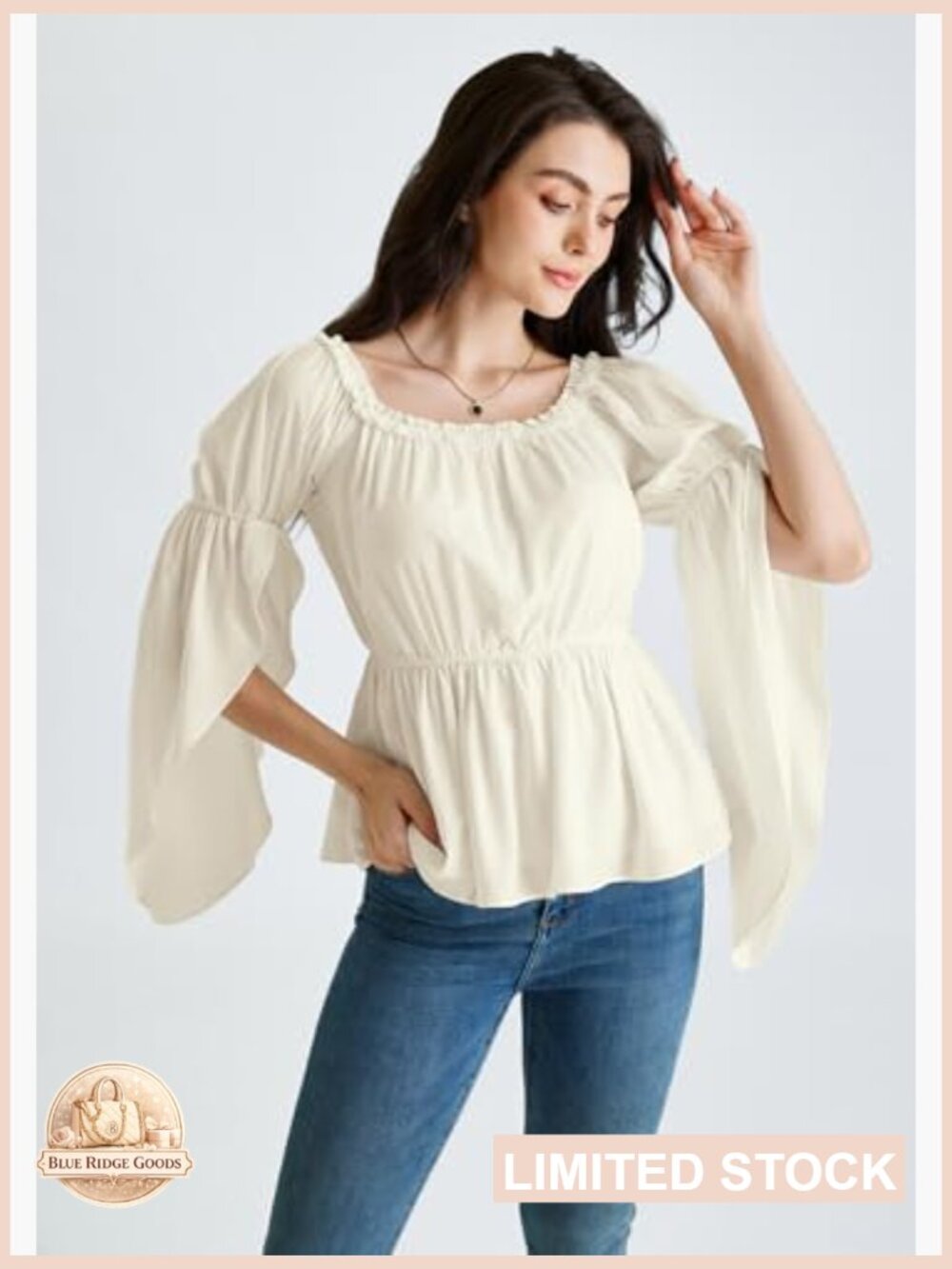 Bell Sleeve Peasant Blouse Renaissance Top Chiffon Smocked Waist Elegant - Picture 5 of 7
